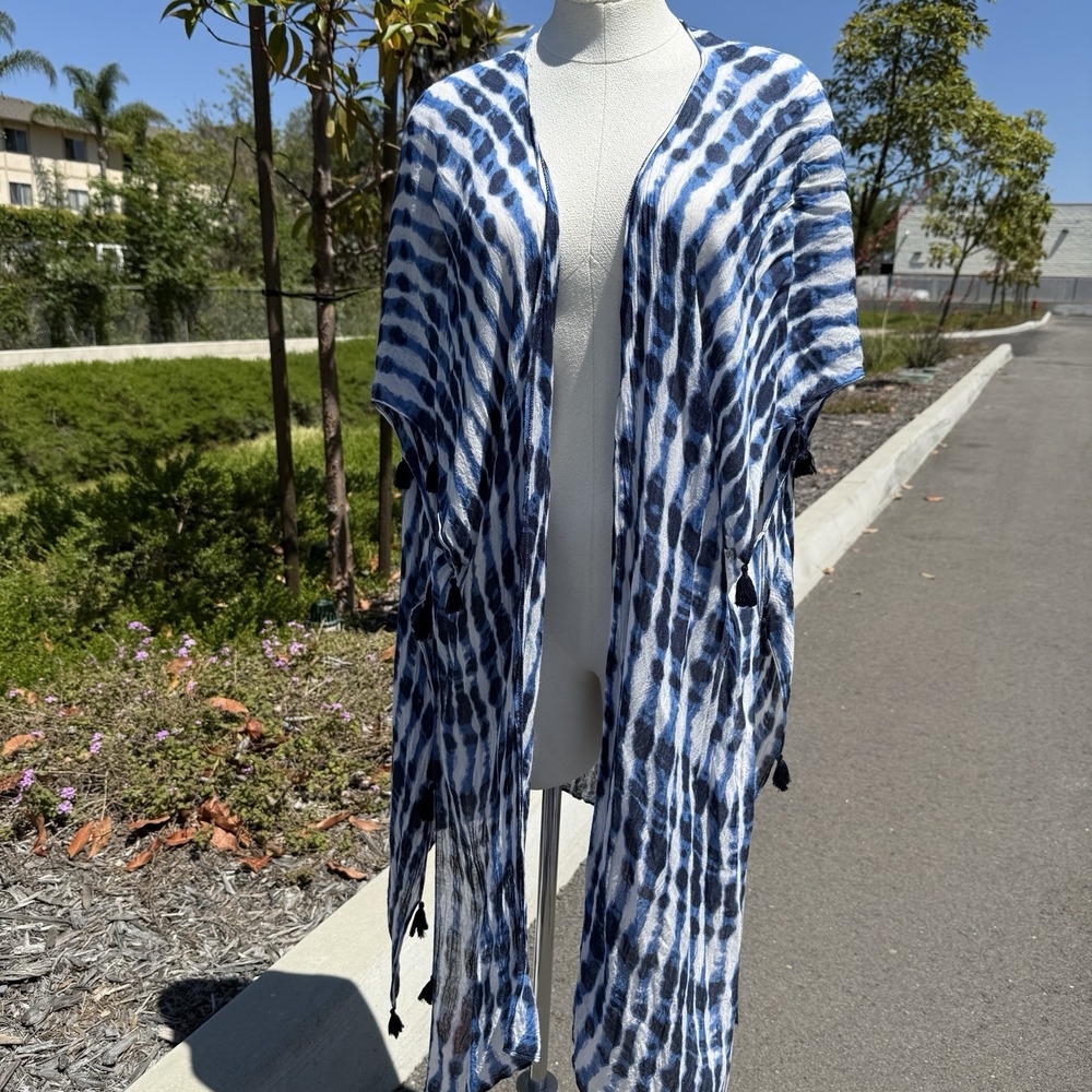 Mudd Swimsuit Coverup Tassels OS Blue Tye Die Boho Vacation Beach Resort Pool